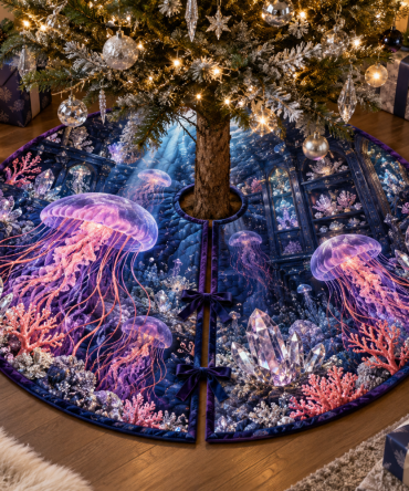 Prism Cabinet Jellyfish Christmas Tree Skirt — Iridescent Prism Nautical Mat, Contemporary Jellyfish Accent For Festive Displays