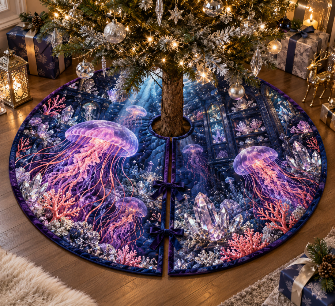 Prism Cabinet Jellyfish Christmas Tree Skirt — Iridescent Prism Nautical Mat, Contemporary Jellyfish Accent For Festive Displays