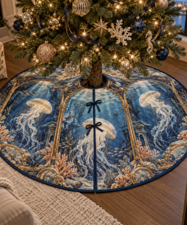 Tidal Triptych Jellyfish Christmas Tree Skirt — Multi-Panel Oceanic Mat, Elegant Jellyfish Design For Boutique Holiday Styling