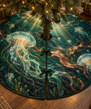 Ink Atelier Jellyfish Christmas Tree Skirt — Artistic Ink-Toned Nautical Mat, Modern Jellyfish Accent For Minimalist & Industrial Spaces