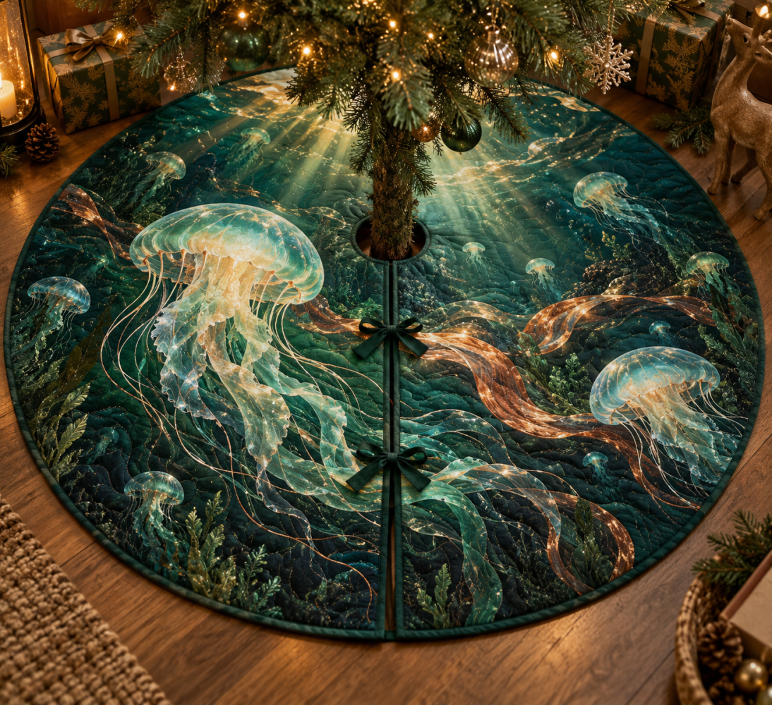 Ink Atelier Jellyfish Christmas Tree Skirt — Artistic Ink-Toned Nautical Mat, Modern Jellyfish Accent For Minimalist & Industrial Spaces