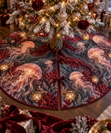 Garnet Lantern Jellyfish Christmas Tree Skirt — Deep Garnet Nautical Holiday Mat, Luminous Jellyfish Motif For Dramatic Seasonal Decor
