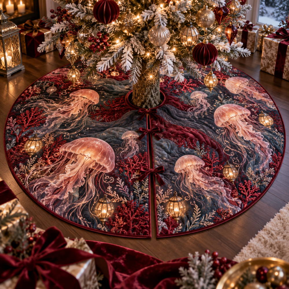 Garnet Lantern Jellyfish Christmas Tree Skirt — Deep Garnet Nautical Holiday Mat, Luminous Jellyfish Motif For Dramatic Seasonal Decor