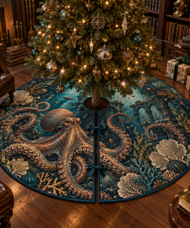 Library Reef Octopus Christmas Tree Skirt — Scholarly Nautical Holiday Mat, Vintage-Inspired Octopus Accent For Study & Library Spaces