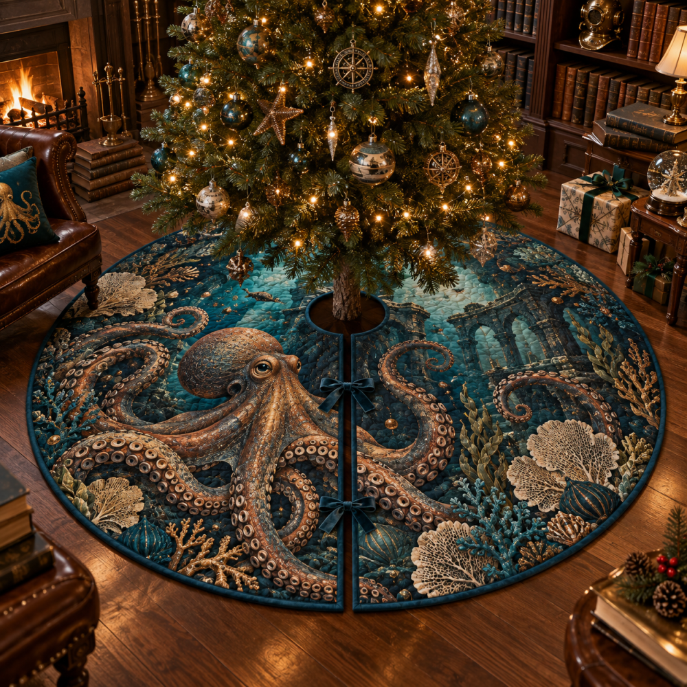Library Reef Octopus Christmas Tree Skirt — Scholarly Nautical Holiday Mat, Vintage-Inspired Octopus Accent For Study & Library Spaces