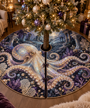 Opal Nocturne Octopus Christmas Tree Skirt — Iridescent Opal Nautical Mat, Elegant Nighttime Holiday Accent For Luxe Interiors