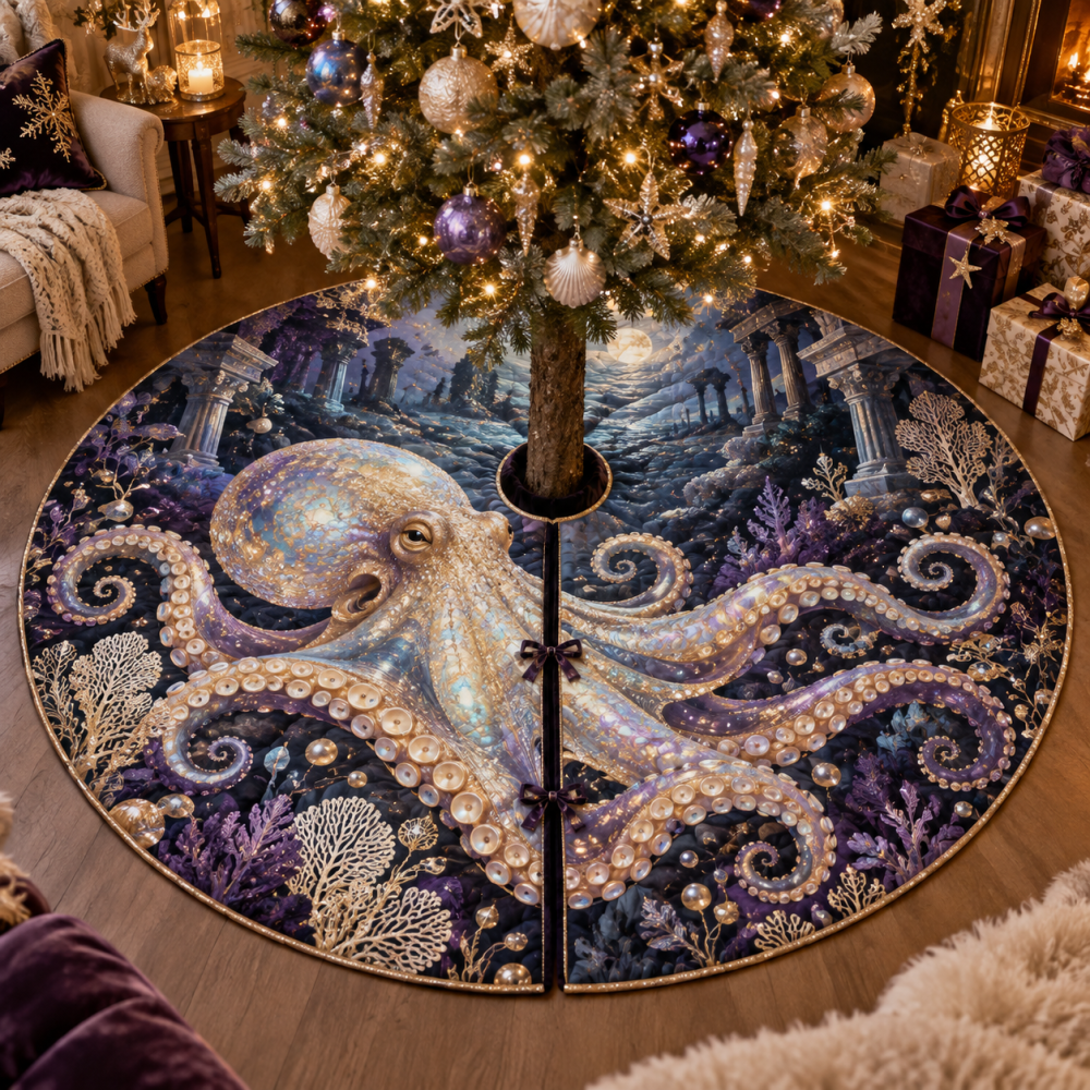 Opal Nocturne Octopus Christmas Tree Skirt — Iridescent Opal Nautical Mat, Elegant Nighttime Holiday Accent For Luxe Interiors