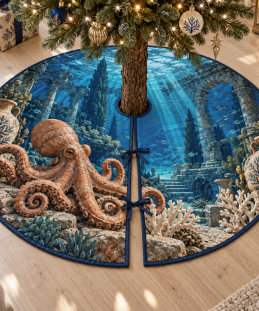 Terracotta Atrium Octopus Christmas Tree Skirt — Earthy Terracotta Nautical Mat, Warm Holiday Accent For Boho & Mediterranean Homes