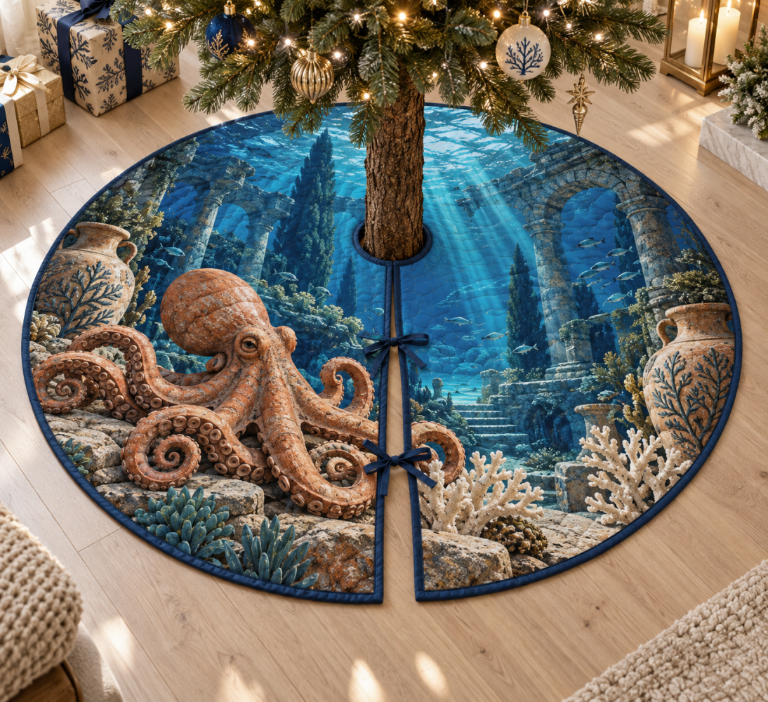 Terracotta Atrium Octopus Christmas Tree Skirt — Earthy Terracotta Nautical Mat, Warm Holiday Accent For Boho & Mediterranean Homes