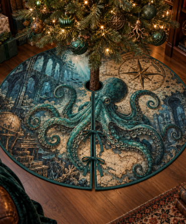 Verdigris Atlas Octopus Christmas Tree Skirt — Map-Inspired Nautical Holiday Mat, Distinctive Green Octopus Accent For Curated Interiors