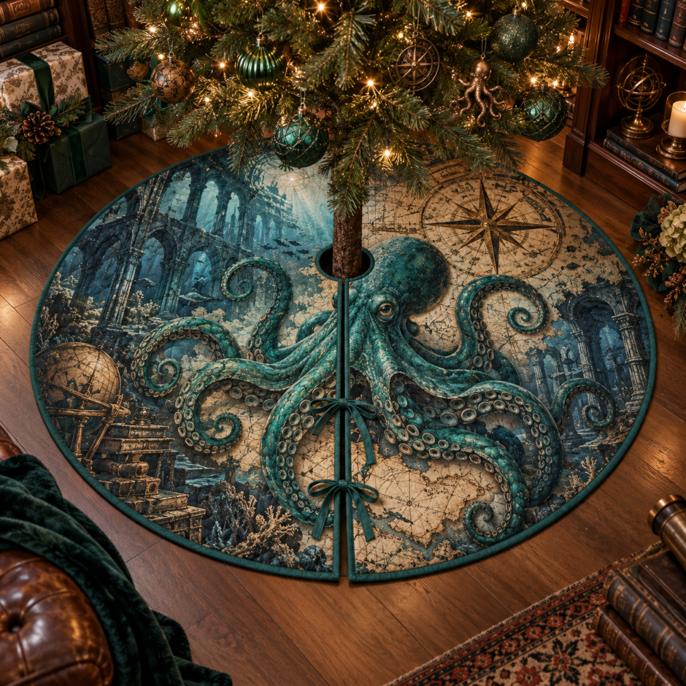 Verdigris Atlas Octopus Christmas Tree Skirt — Map-Inspired Nautical Holiday Mat, Distinctive Green Octopus Accent For Curated Interiors