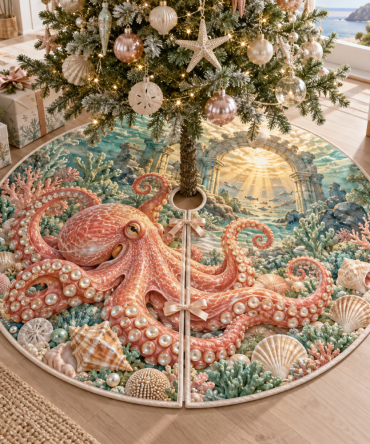 Sunrise Haven Octopus Christmas Tree Skirt — Bright Coastal Holiday Mat, Sunny Nautical Accent For Cheerful Living Spaces