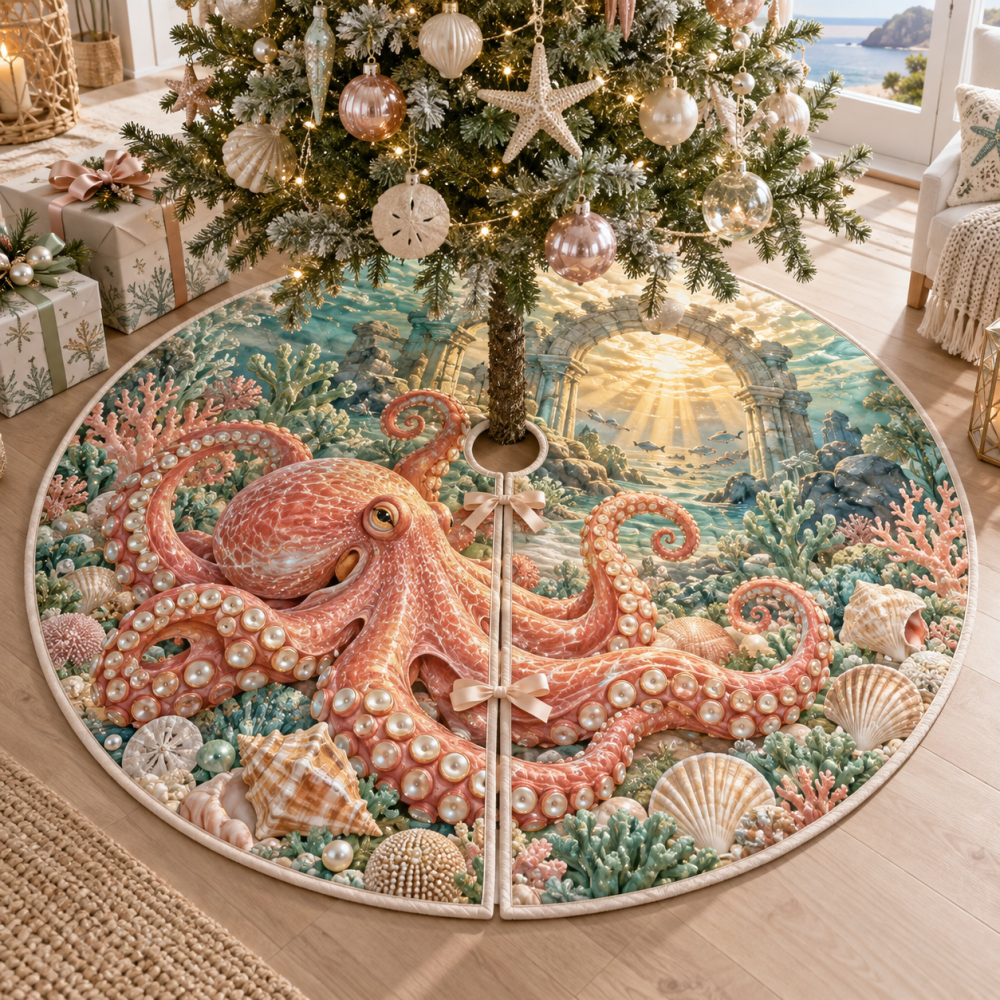 Sunrise Haven Octopus Christmas Tree Skirt — Bright Coastal Holiday Mat, Sunny Nautical Accent For Cheerful Living Spaces