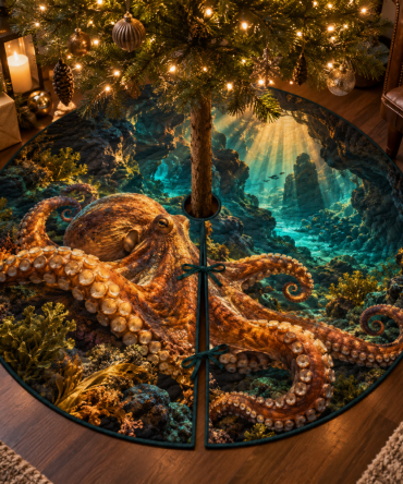 Amber Grotto Octopus Christmas Tree Skirt — Warm Amber Nautical Holiday Mat, Cozy Coastal Accent For Traditional & Rustic Homes