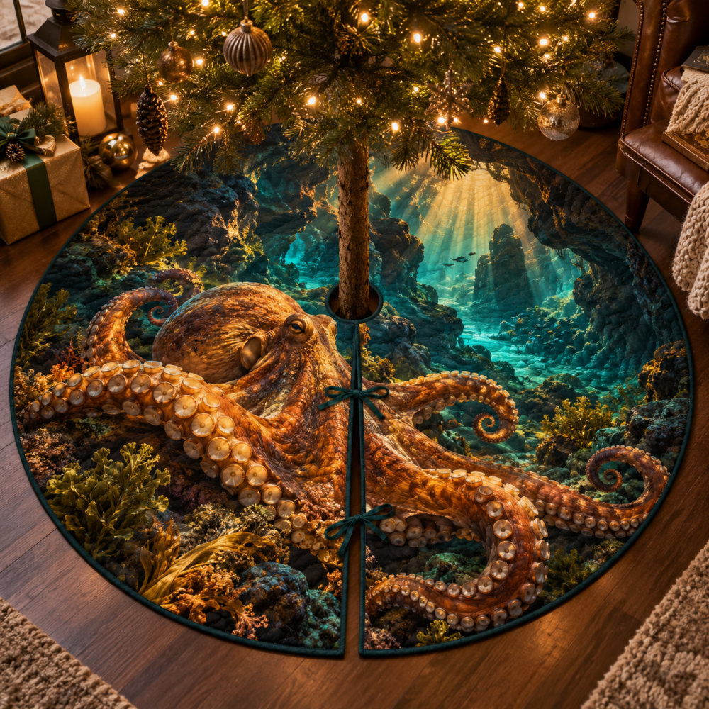 Amber Grotto Octopus Christmas Tree Skirt — Warm Amber Nautical Holiday Mat, Cozy Coastal Accent For Traditional & Rustic Homes