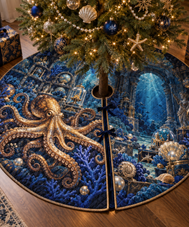 Midnight Cabinet Octopus Christmas Tree Skirt — Dark Nautical Holiday Mat, Dramatic Octopus Accent For Modern & Gothic Decor