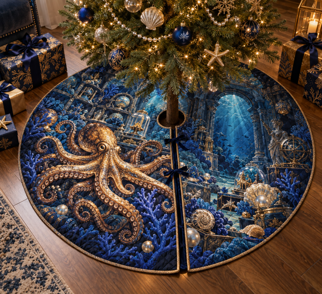 Midnight Cabinet Octopus Christmas Tree Skirt — Dark Nautical Holiday Mat, Dramatic Octopus Accent For Modern & Gothic Decor