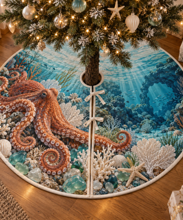 Sea-Glass Gallery Octopus Christmas Tree Skirt — Sea-Glass Toned Nautical Holiday Mat, Soft Coastal Accent For Chic Interiors