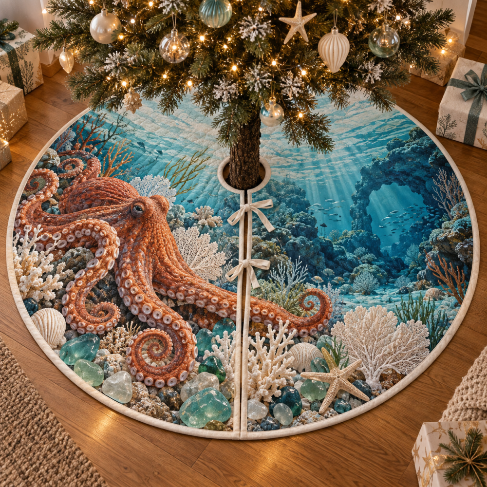 Sea-Glass Gallery Octopus Christmas Tree Skirt — Sea-Glass Toned Nautical Holiday Mat, Soft Coastal Accent For Chic Interiors