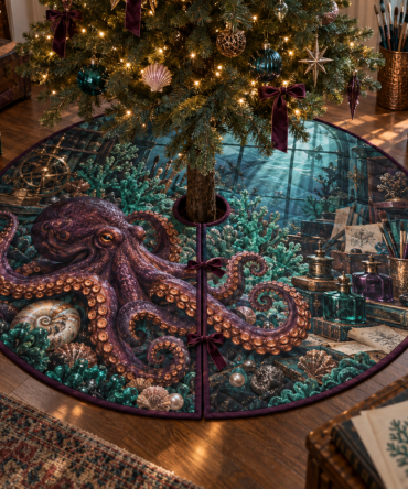 Verdigris Atelier Octopus Christmas Tree Skirt — Artisan Coastal Holiday Mat, Vintage Green Nautical Accent For Elegant Homes