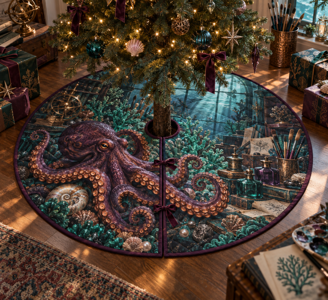 Verdigris Atelier Octopus Christmas Tree Skirt — Artisan Coastal Holiday Mat, Vintage Green Nautical Accent For Elegant Homes