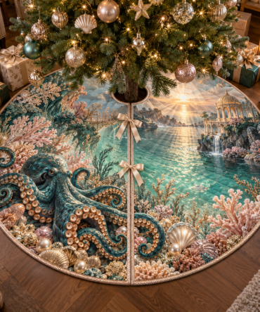 Golden Lagoon Coastal Octopus Christmas Tree Skirt — Luxe Holiday Tree Mat, Nautical Home Accent For Living Room & Beach Houses