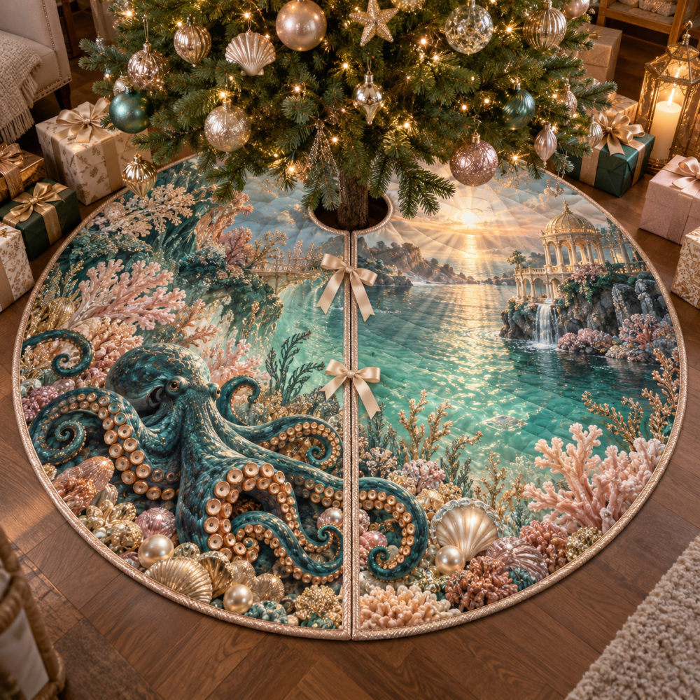Golden Lagoon Coastal Octopus Christmas Tree Skirt — Luxe Holiday Tree Mat, Nautical Home Accent For Living Room & Beach Houses