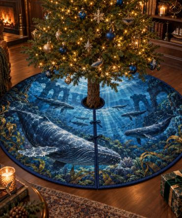 Midnight Library Whale Migration Tree Skirt — Deep Midnight Whale Christmas Tree Base Cover, Sophisticated Nautical Holiday Decor
