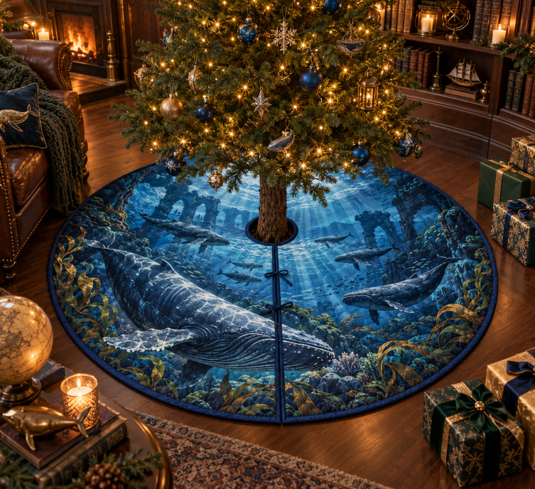 Midnight Library Whale Migration Tree Skirt — Deep Midnight Whale Christmas Tree Base Cover, Sophisticated Nautical Holiday Decor