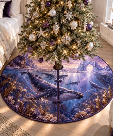 Aurora Cathedral Whale Migration Tree Skirt — Luminous Aurora Whale Christmas Tree Cover, Majestic Nautical Holiday Statement