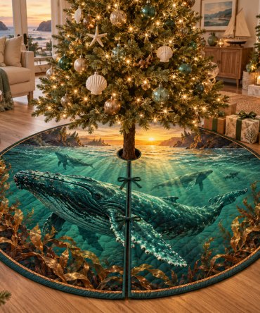 Emerald Horizon Whale Migration Tree Skirt — Rich Emerald Whale Christmas Tree Base Cover, Elegant Nautical Holiday Decor