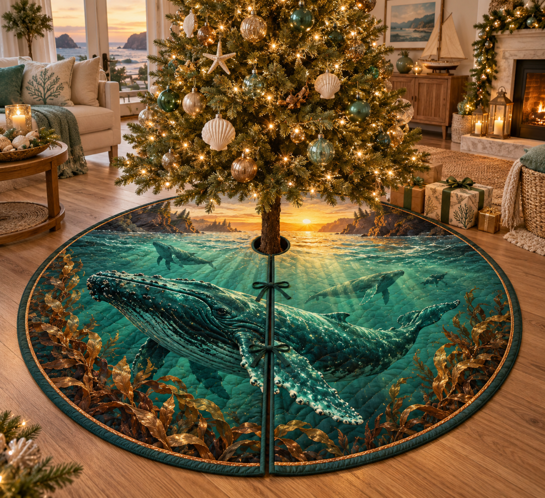 Emerald Horizon Whale Migration Tree Skirt — Rich Emerald Whale Christmas Tree Base Cover, Elegant Nautical Holiday Decor