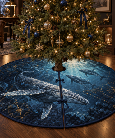 Celestial Current Whale Migration Tree Skirt — Starry Celestial Whale Christmas Tree Cover, Dramatic Ocean-Themed Holiday Accent
