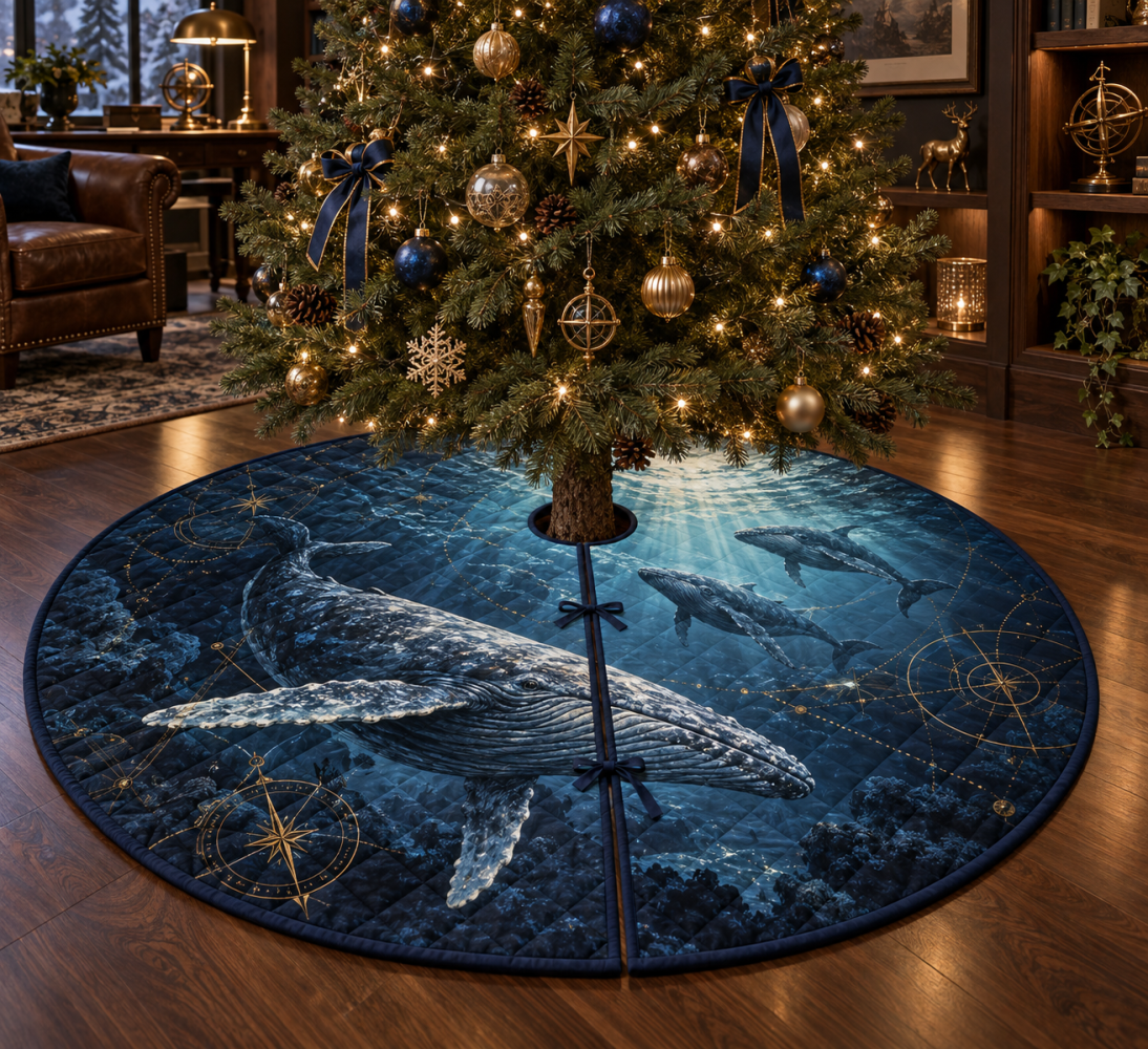 Celestial Current Whale Migration Tree Skirt — Starry Celestial Whale Christmas Tree Cover, Dramatic Ocean-Themed Holiday Accent