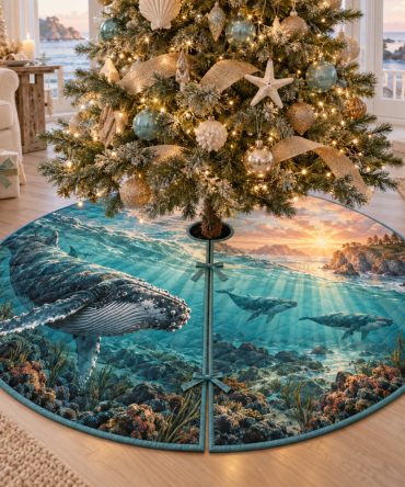 Welcome Cove Whale Migration Tree Skirt — Coastal Cove Whale Christmas Tree Base Cover, Classic Nautical Holiday Decor