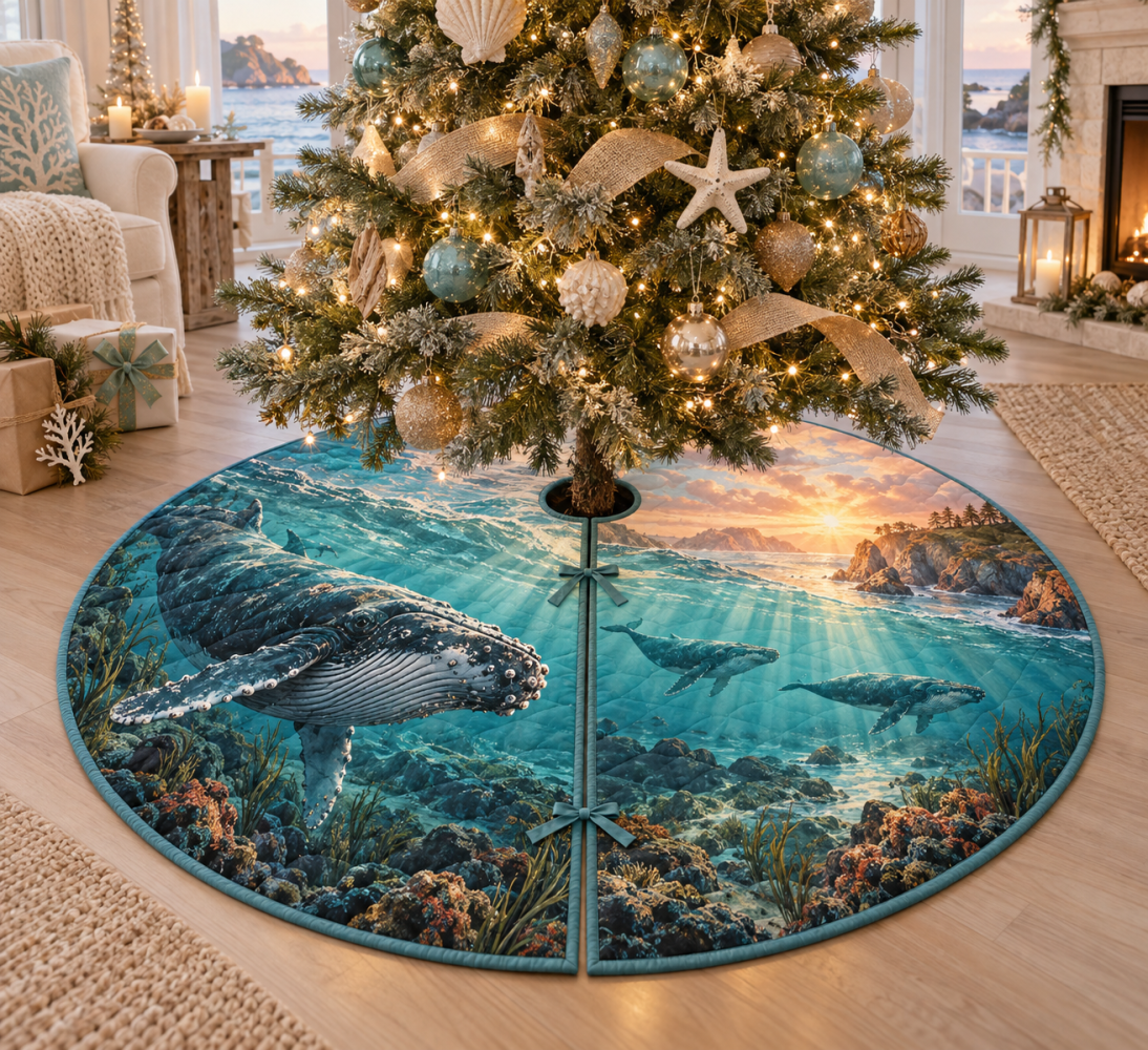 Welcome Cove Whale Migration Tree Skirt — Coastal Cove Whale Christmas Tree Base Cover, Classic Nautical Holiday Decor