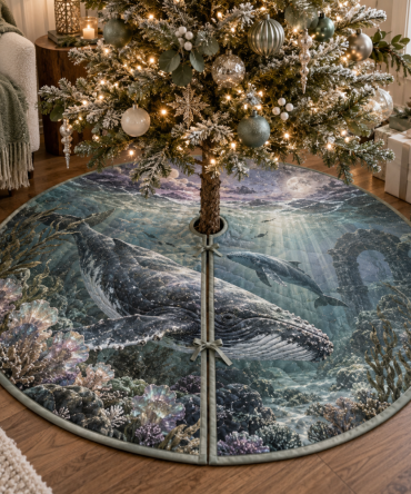 Moonlit Sanctuary Whale Migration Tree Skirt — Serene Moonlit Whale Christmas Tree Cover For Tranquil Nautical Decor