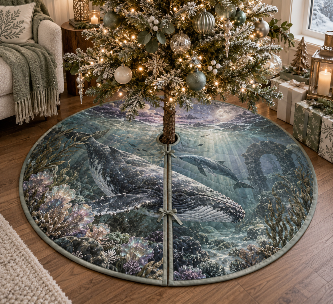 Moonlit Sanctuary Whale Migration Tree Skirt — Serene Moonlit Whale Christmas Tree Cover For Tranquil Nautical Decor