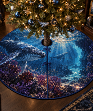 Sapphire Reliquary Whale Migration Tree Skirt — Deep Sapphire Whale Christmas Tree Base Cover, Luxe Ocean Holiday Decor