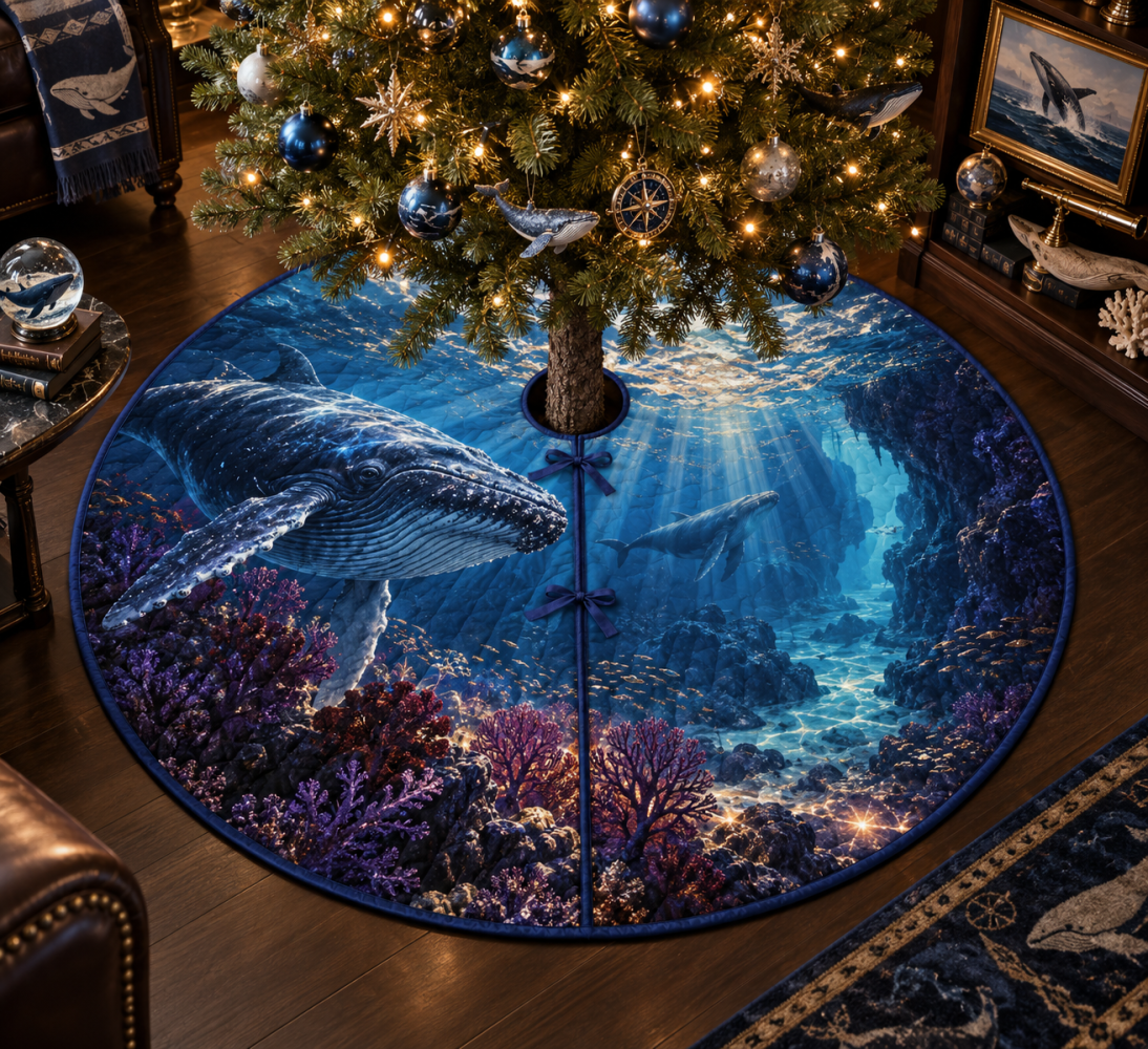 Sapphire Reliquary Whale Migration Tree Skirt — Deep Sapphire Whale Christmas Tree Base Cover, Luxe Ocean Holiday Decor