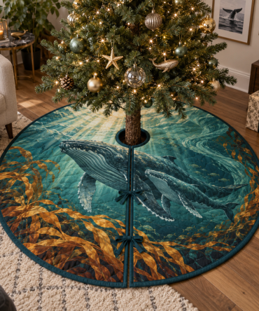 Copper Current Whale Migration Tree Skirt — Copper Toned Whale Christmas Tree Cover, Rustic Nautical Holiday Accent