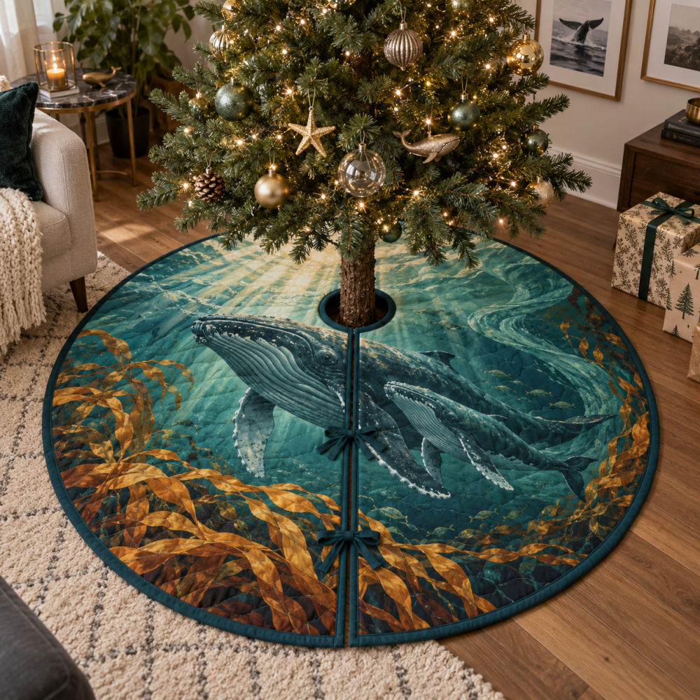Copper Current Whale Migration Tree Skirt — Copper Toned Whale Christmas Tree Cover, Rustic Nautical Holiday Accent