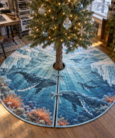 Polar Atelier Whale Migration Tree Skirt — Arctic-Inspired Polar Whale Christmas Tree Cover For Nautical Winter Decor