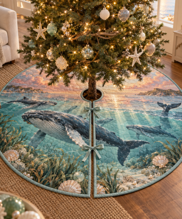 Rosewater Whale Migration Tree Skirt — Rosewater Whale-Themed Christmas Tree Base Cover, Luxury Nautical Holiday Decor