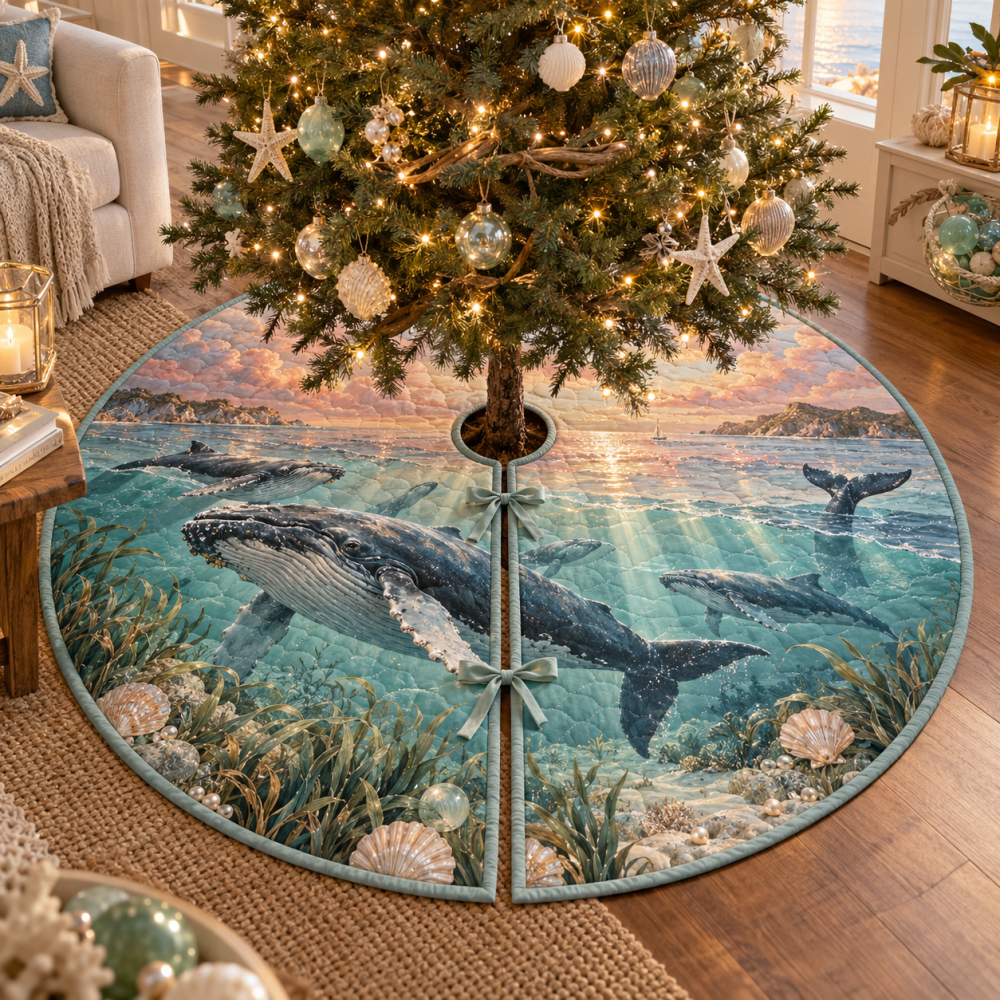 Rosewater Whale Migration Tree Skirt — Rosewater Whale-Themed Christmas Tree Base Cover, Luxury Nautical Holiday Decor