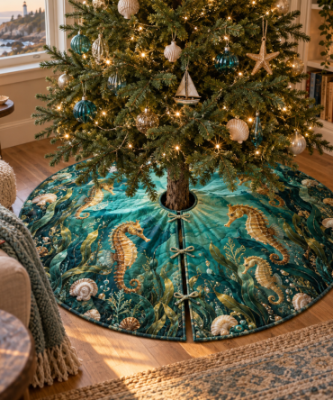 Seagrass Lantern Seahorse Tree Skirt — Natural Seagrass Tones Nautical Christmas Tree Cover With Coastal Lantern Motif