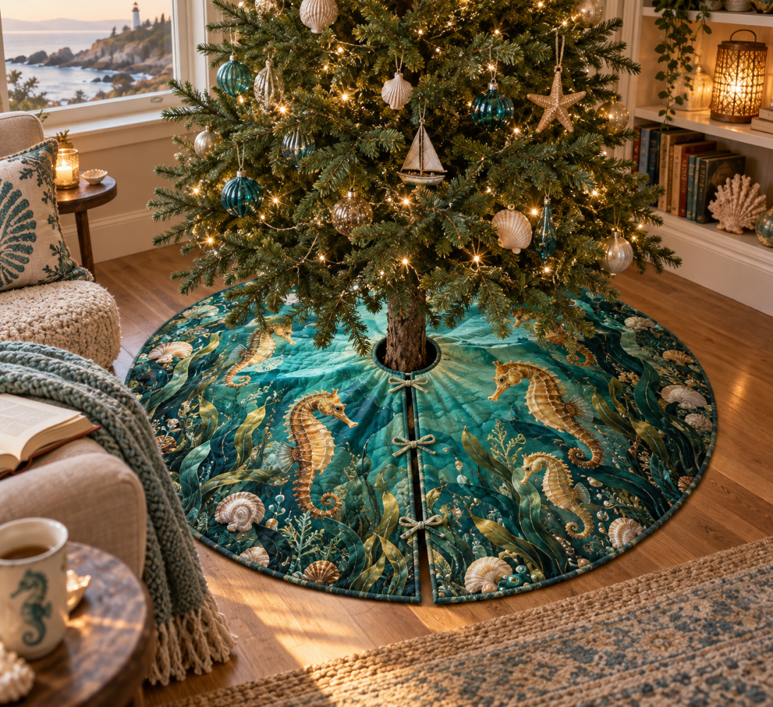 Seagrass Lantern Seahorse Tree Skirt — Natural Seagrass Tones Nautical Christmas Tree Cover With Coastal Lantern Motif
