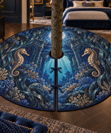 Moonlit Coral Seahorse Tree Skirt — Elegant Moonlit Coral Nautical Christmas Tree Base Cover For Coastal Holiday Style