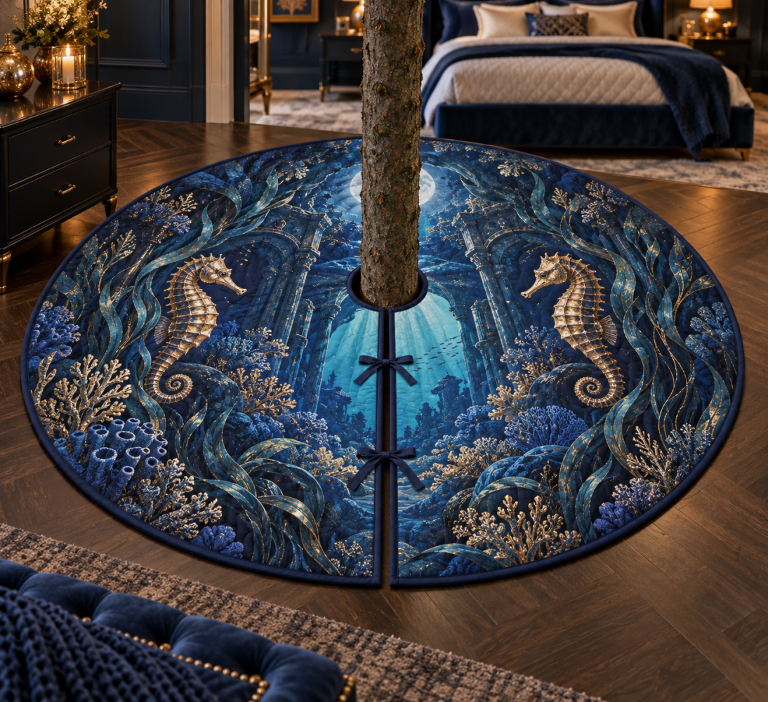 Moonlit Coral Seahorse Tree Skirt — Elegant Moonlit Coral Nautical Christmas Tree Base Cover For Coastal Holiday Style