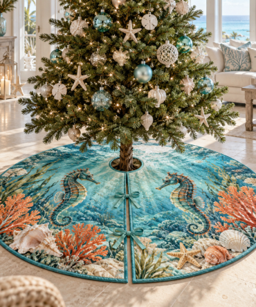 Sunlit Reef Seahorse Tree Skirt — Bright Sunlit Reef Nautical Christmas Tree Skirt, Vibrant Coastal Holiday Home Accent